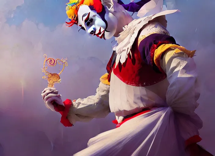 Prompt: award winning digital art of a magnificent pierrot jester wearing a traditional pierrot outfit, performing at a magnificent carnival, beautiful background, trending artstation, digital art, aesthetic, bloom, intricate, elegant, sharp focus, digital illustration, highly detailed, octane render, digital painting, concept art, art by ruan jia and greg rutkowski and sachin teng, masterpiece