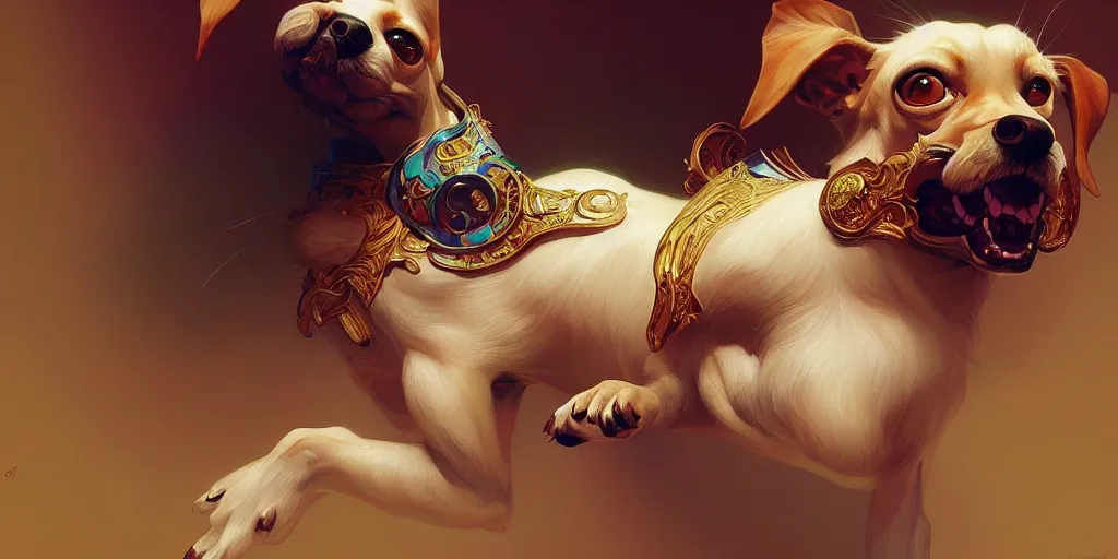 Prompt: painting of a funny dog, decorated, intricate, elegant, highly detailed, digital painting, artstation, concept art, smooth, sharp focus, illustration, art by artgerm and greg rutkowski and alphonse mucha, 8 k