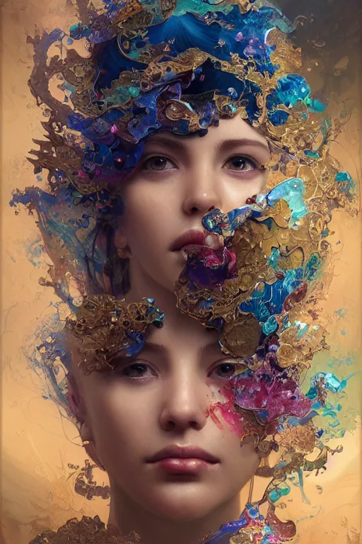 Prompt: face closeup of beautiful girl in intricate detailed color smashing fluid oilpaint, 3 d render, hyper realistic detailed portrait, color leaves, melting wax, ornate headpiece, broken mirror, ruan jia, wlop. scifi, fantasy, hyper detailed, octane render, concept art, by peter mohrbacher, by alphonse mucha, by wlop, by ruan jia