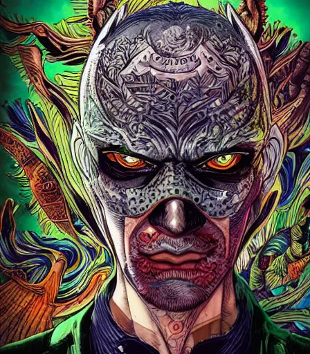 Prompt: hyper detailed comic illustration of a Rococopunk Batman, markings on his face, by by Android Jones intricate details, bright vibrant colors , solid background, low angle fish eye lens