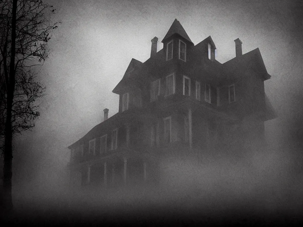 Image similar to a creepy house in the middle of a foggy night, poster art by john carpenter, shutterstock contest winner, gothic art, movie poster, horror film, gothic