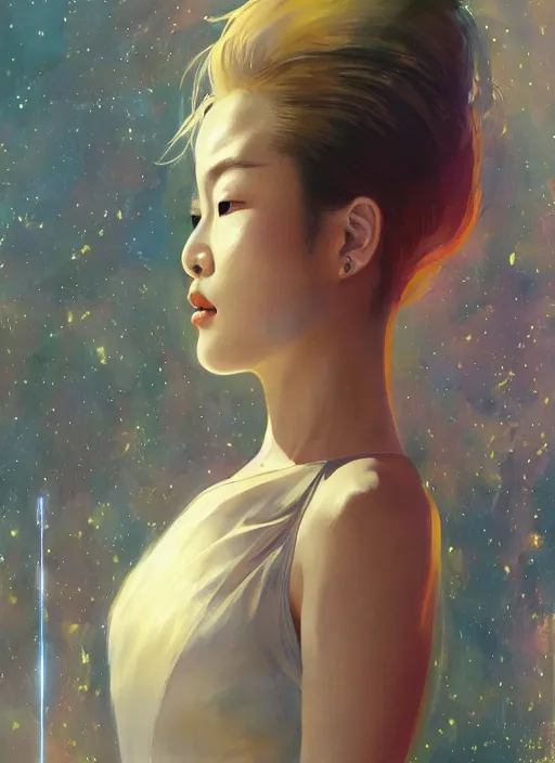 Prompt: Lee Jin-Eun wearing a chic interstellar feminine suit by John Berkey and Vincent Di Fate, rule of thirds, seductive look, beautiful, in intergalactic hq, ethereal lighting, smooth, sharp look, illustration