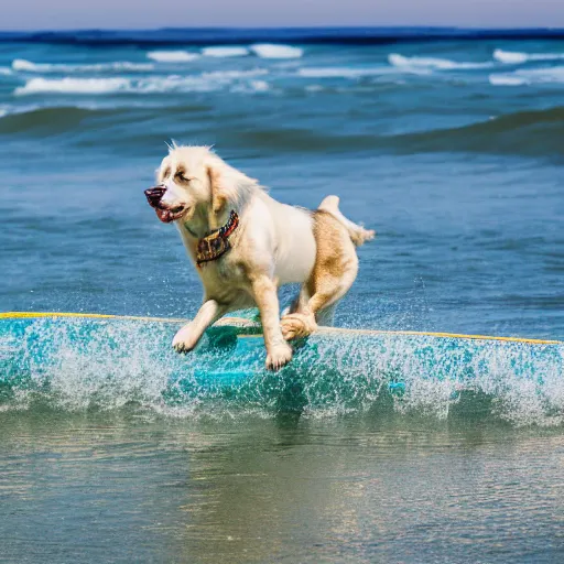 Image similar to a cream-colored dog hanging ten, surfing the cosmic, Leica, 4K