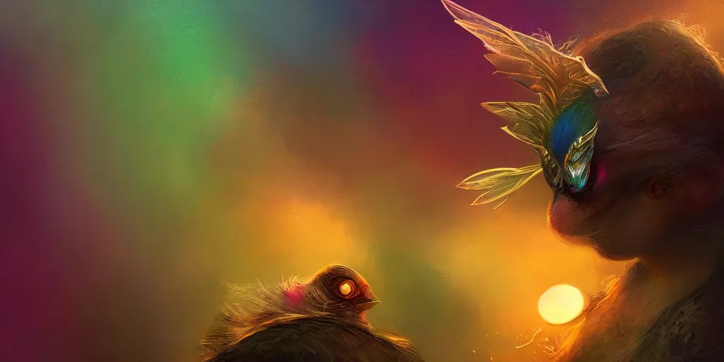 Image similar to baby bird, sunrise, pot of gold, rainbow, sci-fi, fantasy, intricate, very very beautiful, elegant, highly detailed, digital painting, artstation, concept art, smooth, sharp focus, illustration