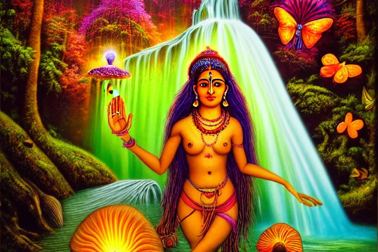 Prompt: a realistic portrait of a beautiful hindu mushroom goddess, standing inside a waterfall, in an enchanted psychedelic mushroom forest, butterflies, sunbeams at sunset, wlop