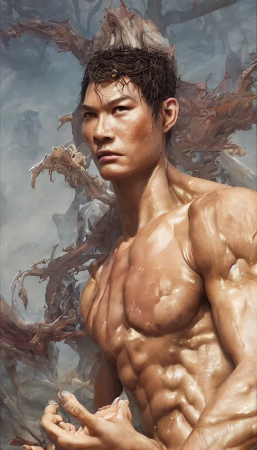 Image similar to epic masterpiece prince goro, sweaty skin, hyperrealistic, octane render, cinematic, beautiful face and flawless skin, perfect hands, 5 fingers, by Edgar Maxence and Ross Tran and Michael Whelan, Legends of Runeterra