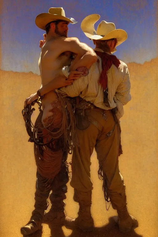 Prompt: a homoerotic painting by gaston bussiere, craig mullins, alphonse mucha j. c. leyendecker, clyde aspevig of two cowboys in love standing back to back | bandoliers, shirtless, leather clothing | desert background, golden hour | highly detailed, trending on artstation