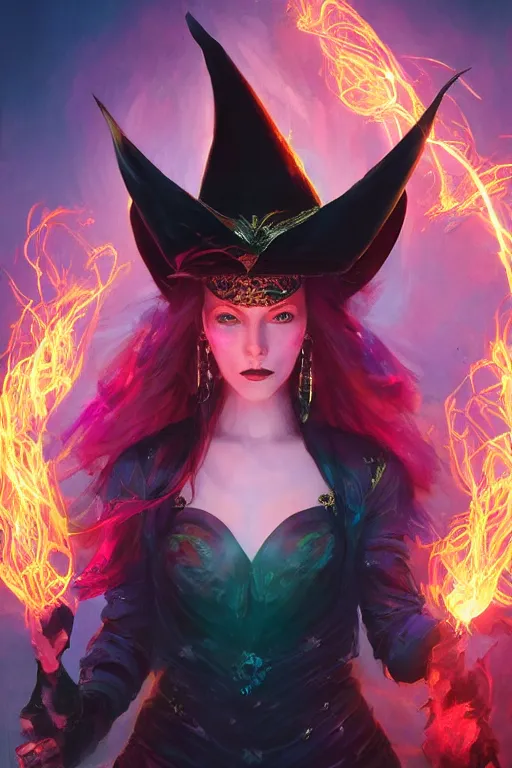 Image similar to a fancy portrait of a beautiful dark magician women wearing a great witches hat covered in colourfull flames by Greg Rutkowski, Sung Choi, Mitchell Mohrhauser, Maciej Kuciara, Johnson Ting, Maxim Verehin, Peter Konig, final fantasy , mythical, 8k photorealistic, cinematic lighting, HD, high details, atmospheric,