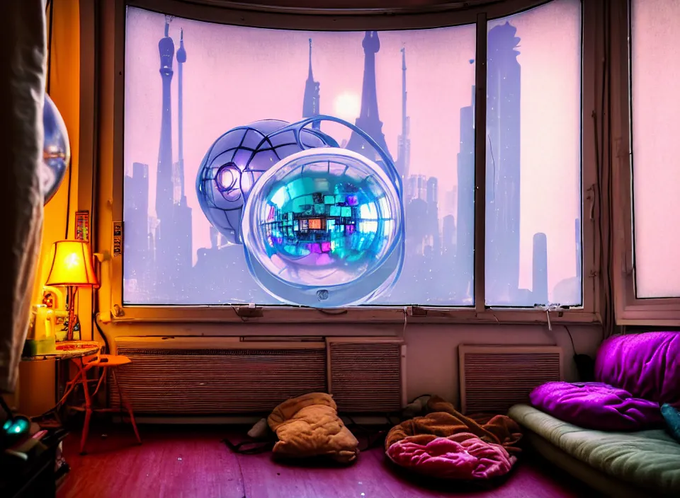 Image similar to telephoto 7 0 mm f / 2. 8 iso 2 0 0 photograph depicting the feeling of chrysalism in a cosy cluttered french sci - fi ( art nouveau ) cyberpunk apartment in a pastel dreamstate art cinema style. ( discoball, computer screens, window ( city ), fish tank, lamp ( ( ( armchair ) ) ) ), ambient light.