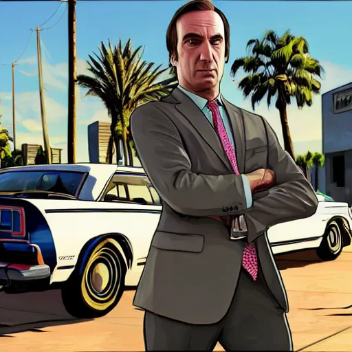 Image similar to Saul Goodman in GTA V . Los Santos in the background, palm trees. In the art style of Stephen Bliss.