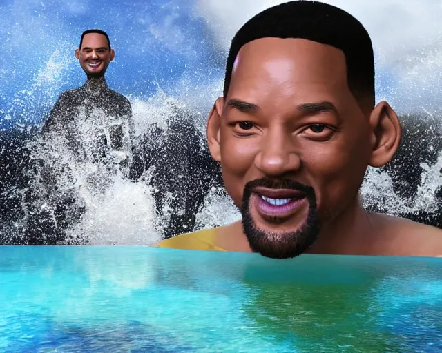 Image similar to a giant sculpture of will smith as a gummy bear on the ocean water, award winning, hyper - realistic, very detailed, realistic water splashes, ray tracing, 8 k resolution, long - shot, sharp focus, low angle, 8 5 mm photograph, wide lens