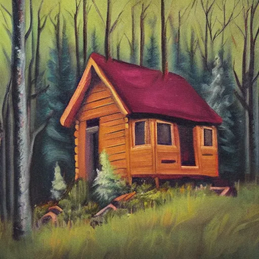 Prompt: a painting of a eerie cabin in the middle of the woods in the style of alison geissler