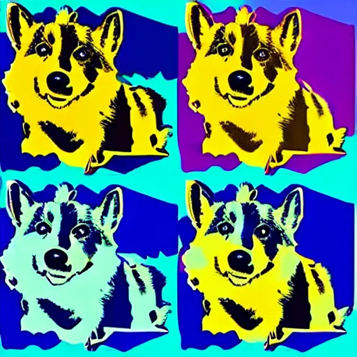 Image similar to corgi digital art in the style andy warhol, similar in design to marilyn diptych, high saturation, colorful, many different colors