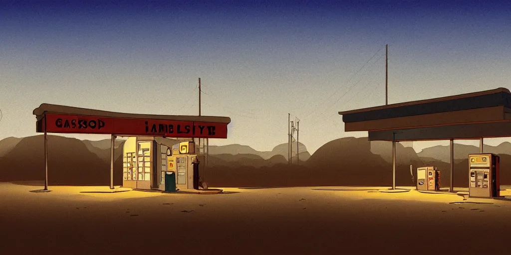 Image similar to An abandoned gas station in the desert at night, creepy and dramatic atmosphere, digital art by Studio Ghibli and Edward Hopper