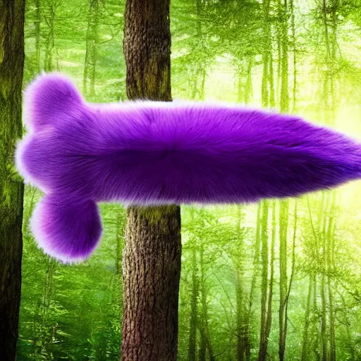 Image similar to a purple fox with a long fluffy and shiny coat sits in the forest on a ufo flying saucer. super realistic photo. clear details