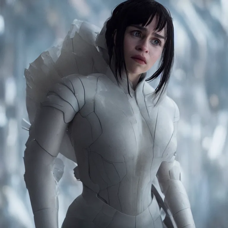 Image similar to photo of emilia clarke in the similitude of ghost in the shell, photorealism, realism, sony a 7 r