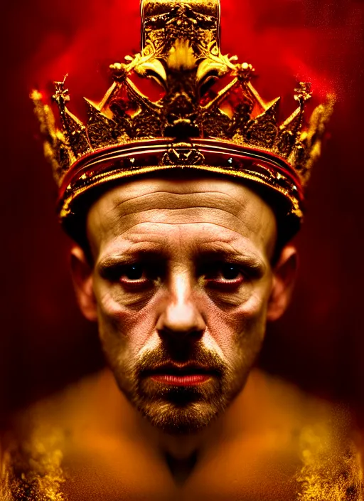 Image similar to 'Portrait of Crowned King Arthur' by Lee Jeffries royally decorated, whirling plasma, atmospheric motes, red and gold Sumptuous garb, gilt silk fabric, radiant colors, fantasy, perfect lighting, studio lit, micro details,