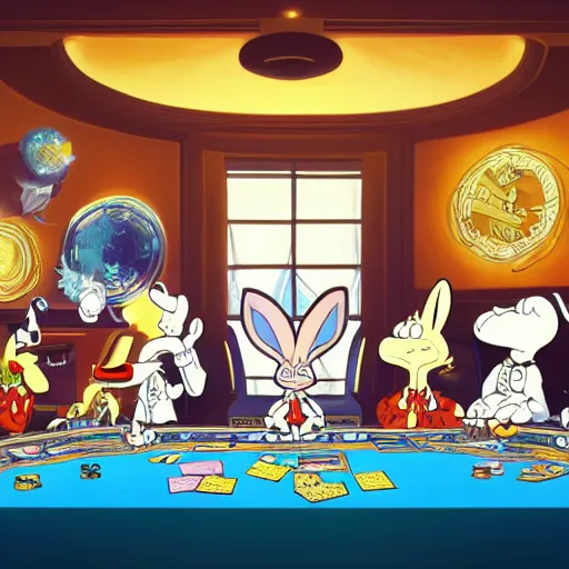 Prompt: a highly detailed vector picture of bugs bunny and captain crunch and snoopy and bender playing poker, art by dan mumford and yusuke murata and makoto shinkai and ross tran, cosmic, heavenly, god rays, intricate detail, cinematic, 8 k, cel shaded, unreal engine, featured on artstation, pixiv