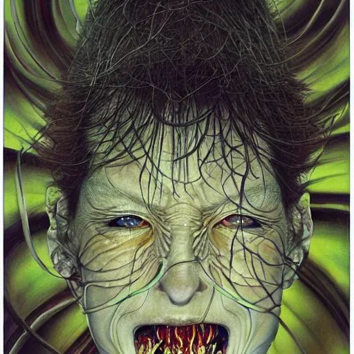 Image similar to hyper realistic portrait of, ‘ the carnivorous alien ’. an award winning yoshitaka amano digital art poster, by james gurney and gerhard richter. art by takato yamamoto. masterpiece, rich colours.