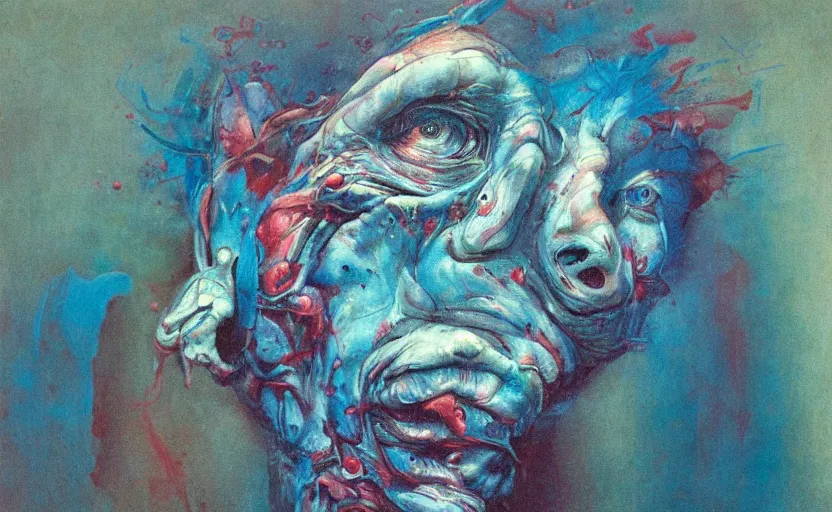 Prompt: piones from the'9 0 s, blue blurred, grotesque, doomed, neural acrylic paint, high resolution, gouache on canvas, ultra detailed, vibrant colors, grotesque, wrapped thermal background, slimey, art by francis bacon, beksinski painting