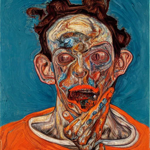 Image similar to high quality high detail expressionist painting of a man in agony by lucian freud and jenny saville egon schiele and francis bacon, hd, anxiety, turquoise and orange