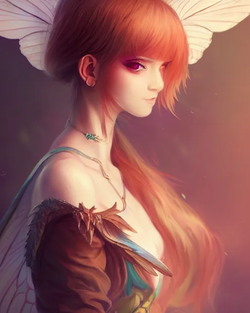 Image similar to 3 / 4 view of a portrait of cute girl with wings, confident pose, pixie, amber of genshin impact, intricate, elegant, sharp focus, illustration, highly detailed, concept art, matte, trending on pixiv, anime, art by wlop, strong fogs,