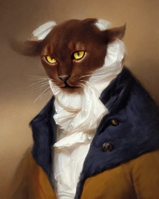 Prompt: cute brown burmese cat with serious expression wearing regency era menswear in navy and white, thomas lawrence, greg rutkowski