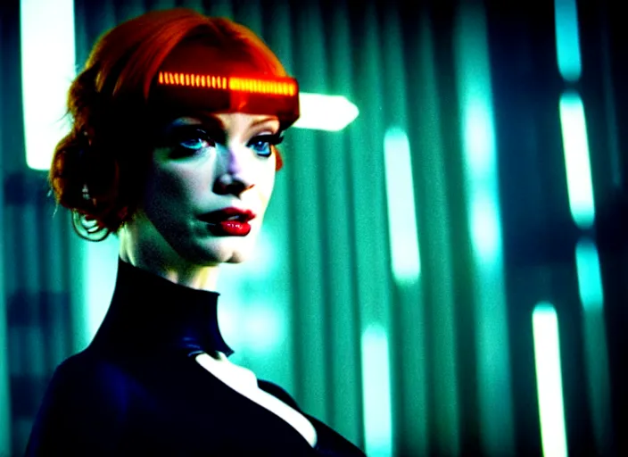Image similar to filmstill of christina hendricks in bladerunner wearing a cyberpunk costume, 1 0 0 mm lens, canon eos, red cinema camera, frontal view, dynamic pose, intricate, elegant, highly detailed, centered, redshift, octane, smooth, sharp focus, zeiss lens,