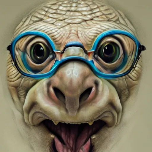 Image similar to zoomed in portrait of a hyper realistic mitch mcconnell as an anthropomorphic turtle, painted by greg rutkowski, artgerm, beautiful lighting, masterpiece, epic, 4 k