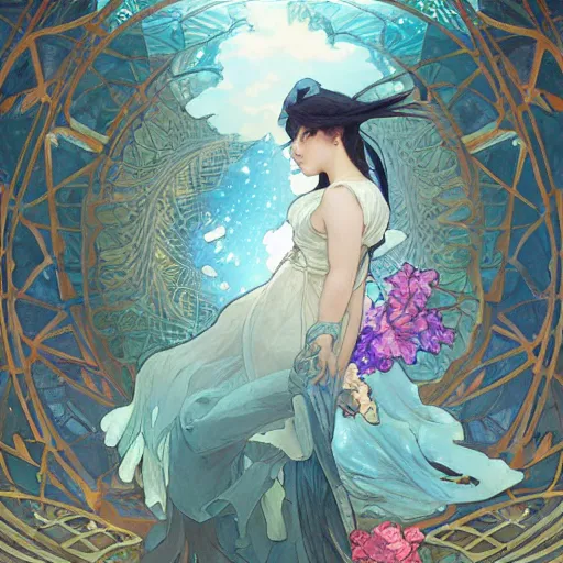 Image similar to looking up as flower petals flow gently as a breeze blows them from left to right on a cloudy day with blue skies, art by artgerm and greg rutkowski and magali villeneuve and alphonse mucha and rossdraws and makoto shinkai, d & d, fantasy, highly detailed, digital painting, trending on artstation, concept art, sharp focus, illustration