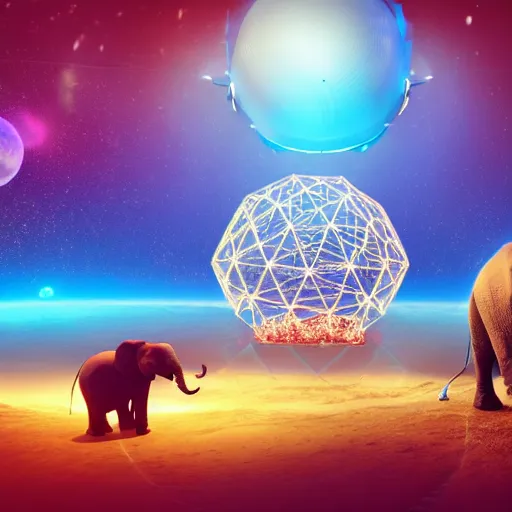 Image similar to a hyperrealistic 3D octane render of an elephant wearing virtual reality goggles playing a synthesizer inside of a geodesic dome planetarium with planets and galaxies, trending on artstation, 8k, 4K, dramatic lighting, glowing, volumetric lighting, ray tracing, unreal engine