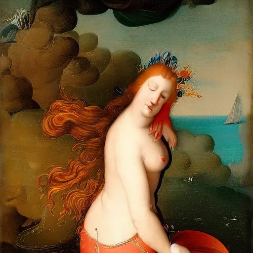 Image similar to rich by john martin, by ambrosius bosschaert. a beautiful mixed mediart of a mermaid swimming in the ocean. her long, flowing hair streams behind her as she gracefully navigates the water. a coral reef & colorful fish can be seen in the background.