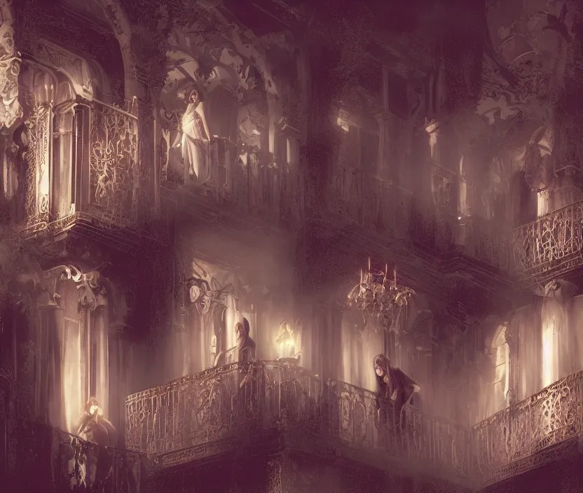 Image similar to the balcony scene from Romeo and Juliet as a dark fantasy, gothic romance, Nicholas Hoult as Romeo, and Elle Fanning as Juleit gloomy and foggy atmosphere, octane render, artstation trending, horror scene, highly detailded