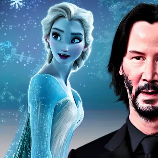 Prompt: keanu Reeves as elsa in live action disney frozen, 56k resolution, full HD, cinematic lighting, award winning, anatomically incorrect