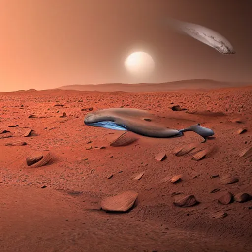 Prompt: whale on mars, photorealistic, very detailed, high definition landscape, beautiful whale, award winning photograph of mars