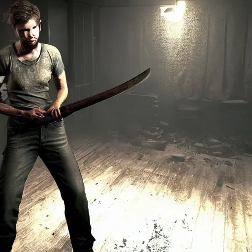 Prompt: jack baker from resident evil 7 ( 2 0 1 7 ) wielding axe, cinematic lighting, eerie atmosphere, re engine render, photorealistic face