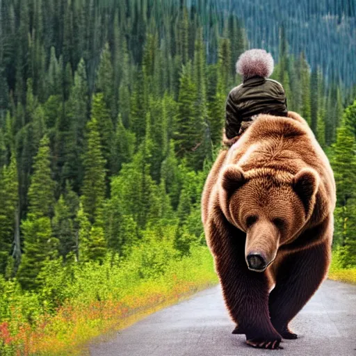 Prompt: a photo of bob ross riding on the back of a brown bear in alaska, outdoor, hyperrealistic, shutterstock contest winner, digital art, national geographic photo, stockphoto, majestic