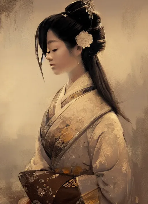 Prompt: female geisha girl, beautiful face, rule of thirds, intricate outfit, spotlight, by justin gerard, by greg rutkowski, by jeremy mann, digital painting