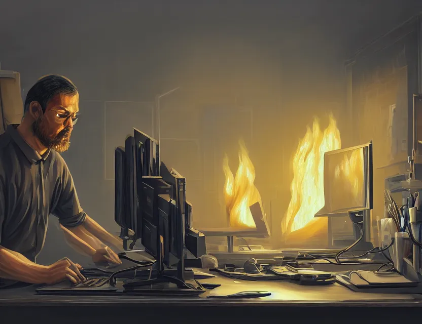 Prompt: a man works at a workstation in a very big office with burning fires, close up, featured in artstation, intricate, ultra detailed, digital painting, concept art, wide - angle lens, sharp focus, illustration, 8 k