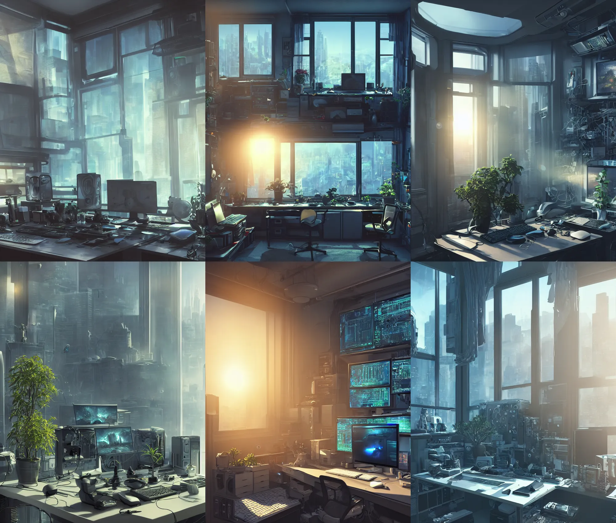 Image similar to detailed scifi artstation scene of a complex computer workstation in a small studio apartment room, single potted plant, many monitors, many electronics, a window view of the city, maximalism, volumetric light, sunny amber morning light, sun beam, atmospheric haze, unreal engine, hyperrealism, realistic shading, blender render, photorealistic, wide shot