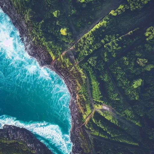 Image similar to nature landscape, aerial view, drone photography, cinematic, mountains and ocean