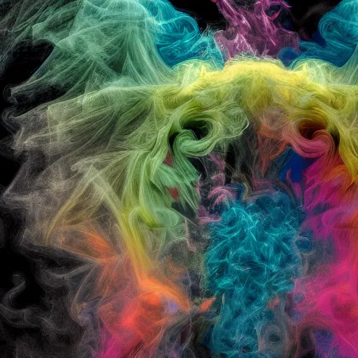 Prompt: multi color smoke, one smoke is reminiscent of a dragon's head and outstretched ribbed wings, billowy, hdr, 8 k, 4 k