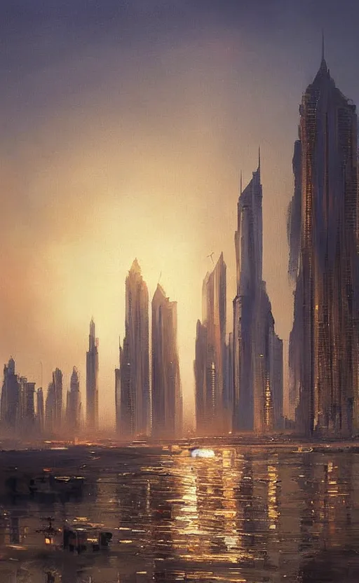 Image similar to oil painting of dubai skyline at sunset, natural light, concept art, by greg rutkowski, cozy atmospheric and cinematic lighting