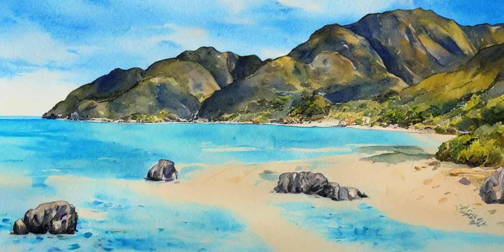 Image similar to golden bay new zealand, abel tasman, colorful watercolor painting, trending on artstation