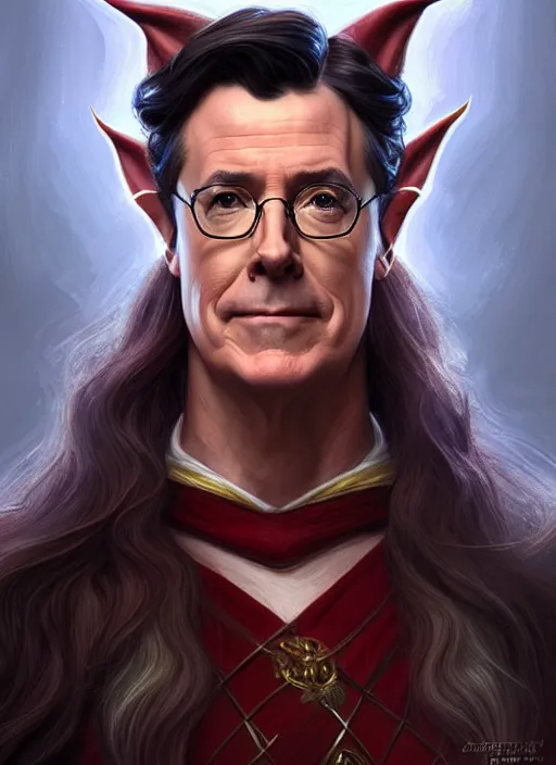 Image similar to portrait of stephen colbert as an elf, long hair, d & d, muscular! fantasy, intricate, robes, elegant, highly detailed, digital painting, artstation, concept art, smooth, sharp focus, illustration, art by artgerm and greg rutkowski and alphonse mucha