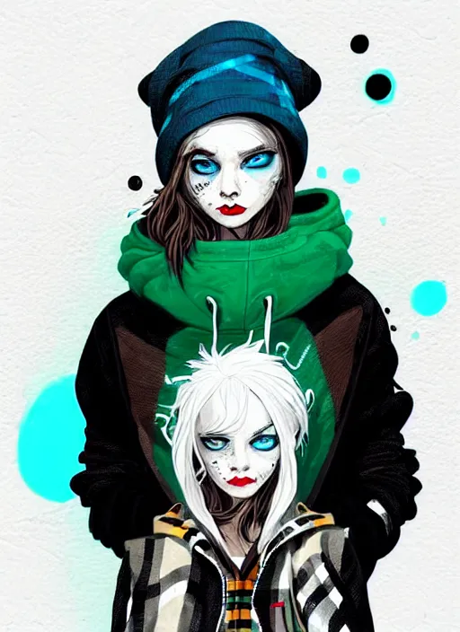 Image similar to highly detailed portrait of a sewer punk lady student, blue eyes, burberry hoody, hat, white hair by atey ghailan, by greg tocchini, by kaethe butcher, gradient green, black, brown, cream and blue color scheme, grunge aesthetic!!! ( ( graffiti tag wall flat colour background ) )