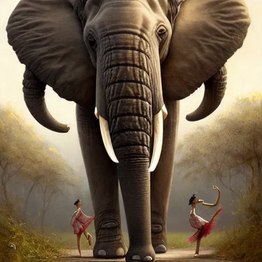 Image similar to an elephant is wearing a tutu next to a ballet dancer, greg rutkowski