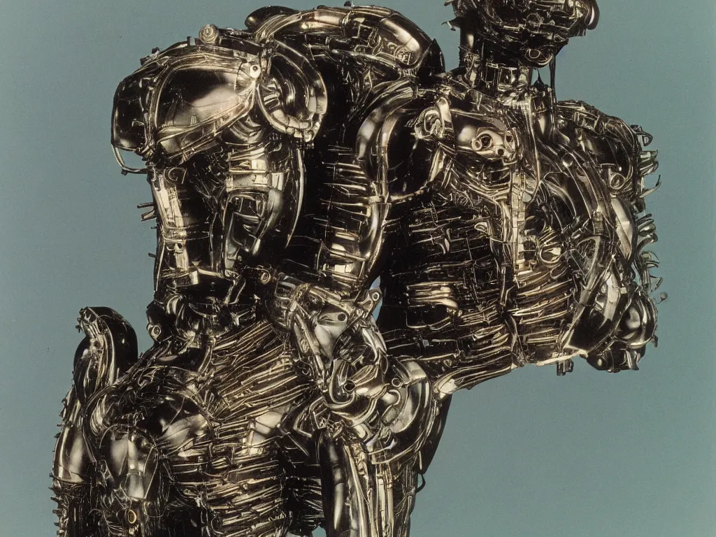 Image similar to autochrome of a 8 0 s polaroid flash photograph of a biomechanical armored creature looking at camera