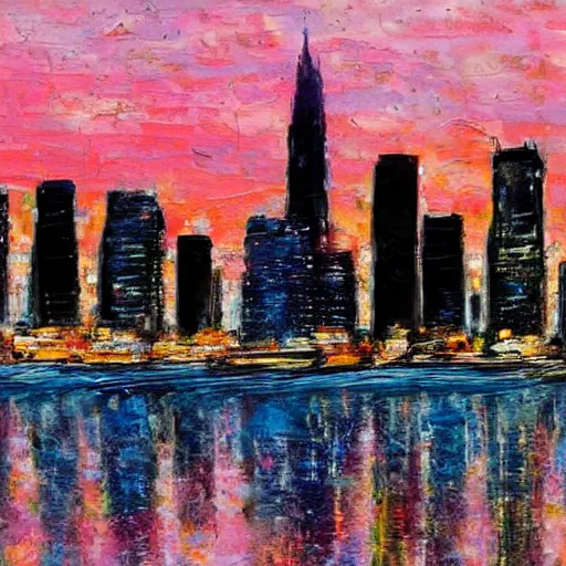 Prompt: realistic painting of a city skyline with colorful buildings and a black night sky reflecting on the water