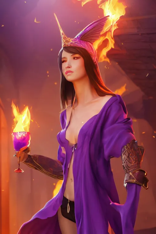 Prompt: Young petite beautiful woman in slim purple sorceress robes with pointy hat at a crowded magical university, a flaming magical red flame hummingbird pet, full body shot unreal engine hyperreallistic render 8k character masterpiece digital art, cell shader shading, raytracing, comic art, manga, trending on Artstation, CGSociety